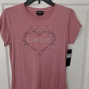 Bebe Crystal Logo Flamming Heart Design Mauve Tee ~ Sz M  NWT